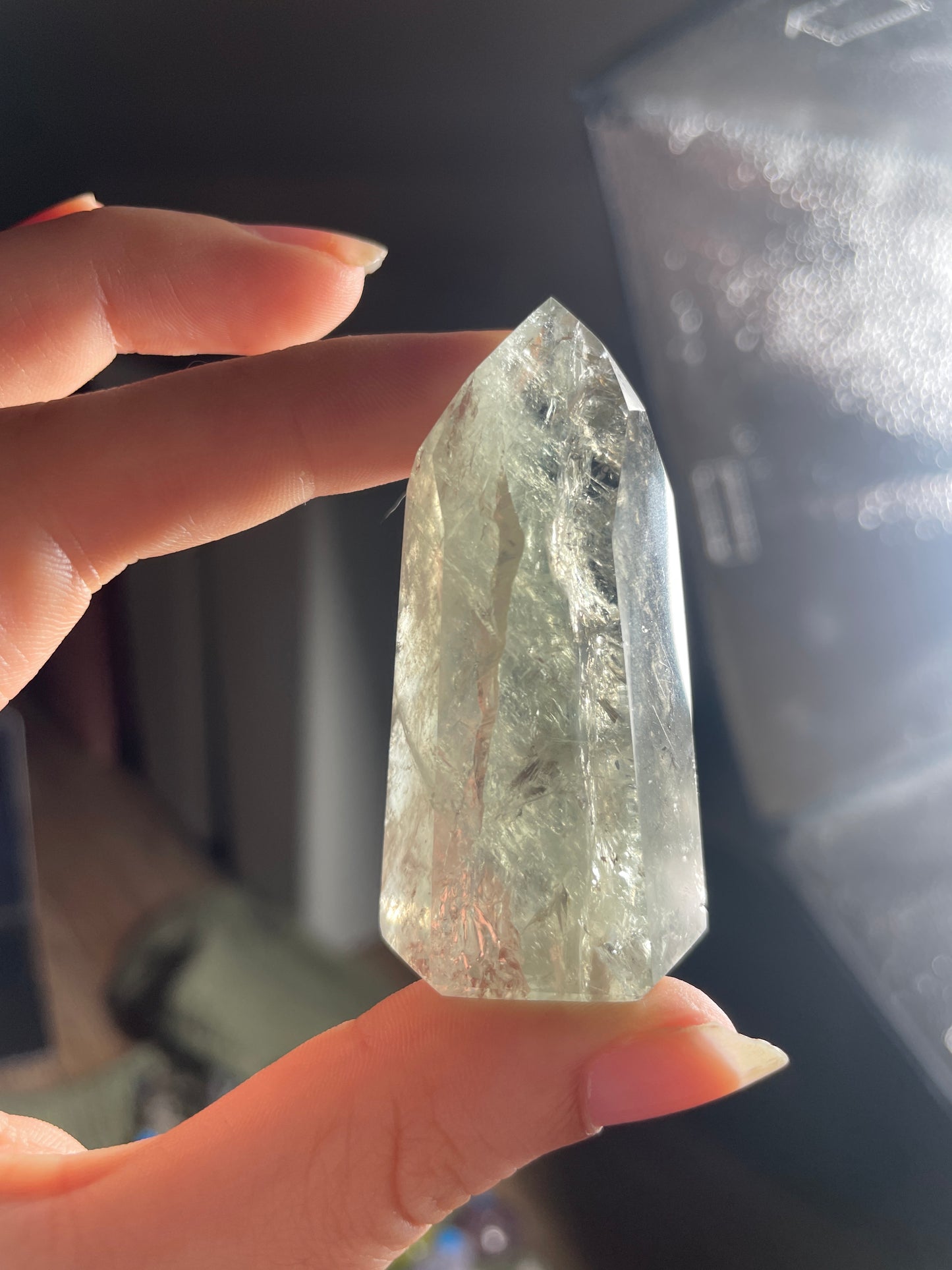 Prasiolith Spitze mit Regenbogen