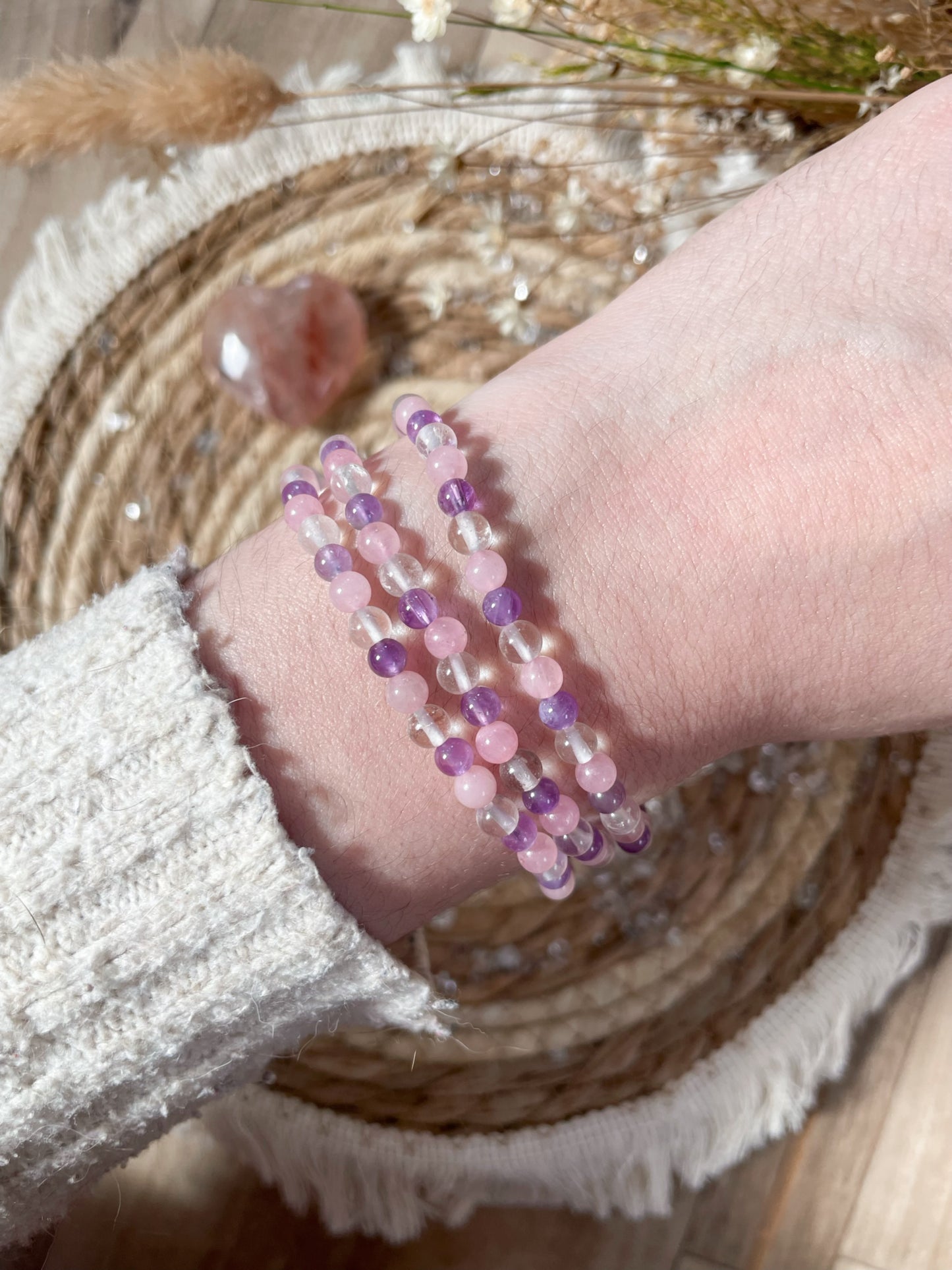 Goldenes Dreieck Armband 4mm - Rosenquarz, Bergkristall, Amethyst