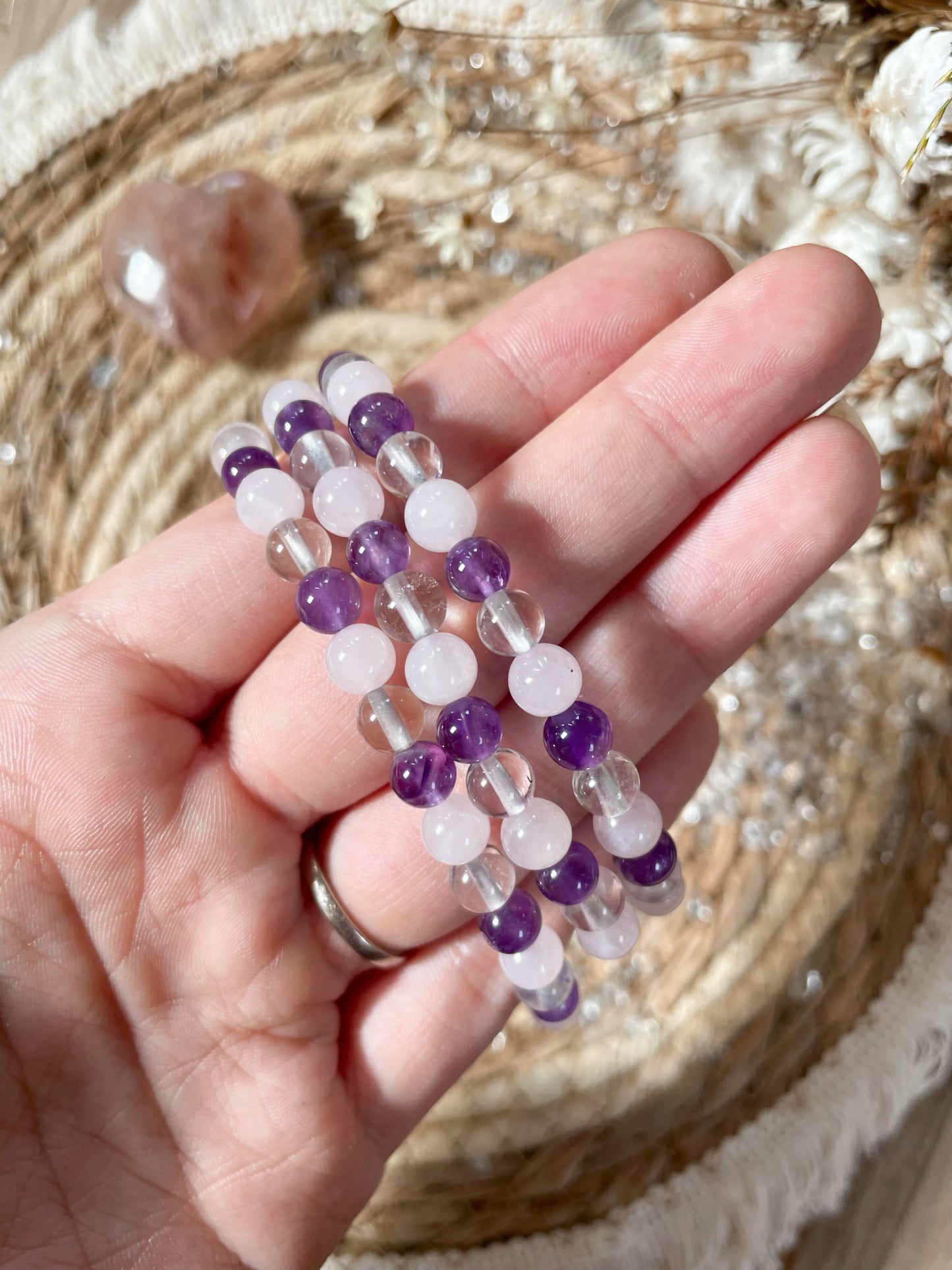 Goldenes Dreieck Armband 6mm - Rosenquarz, Bergkristall, Amethyst
