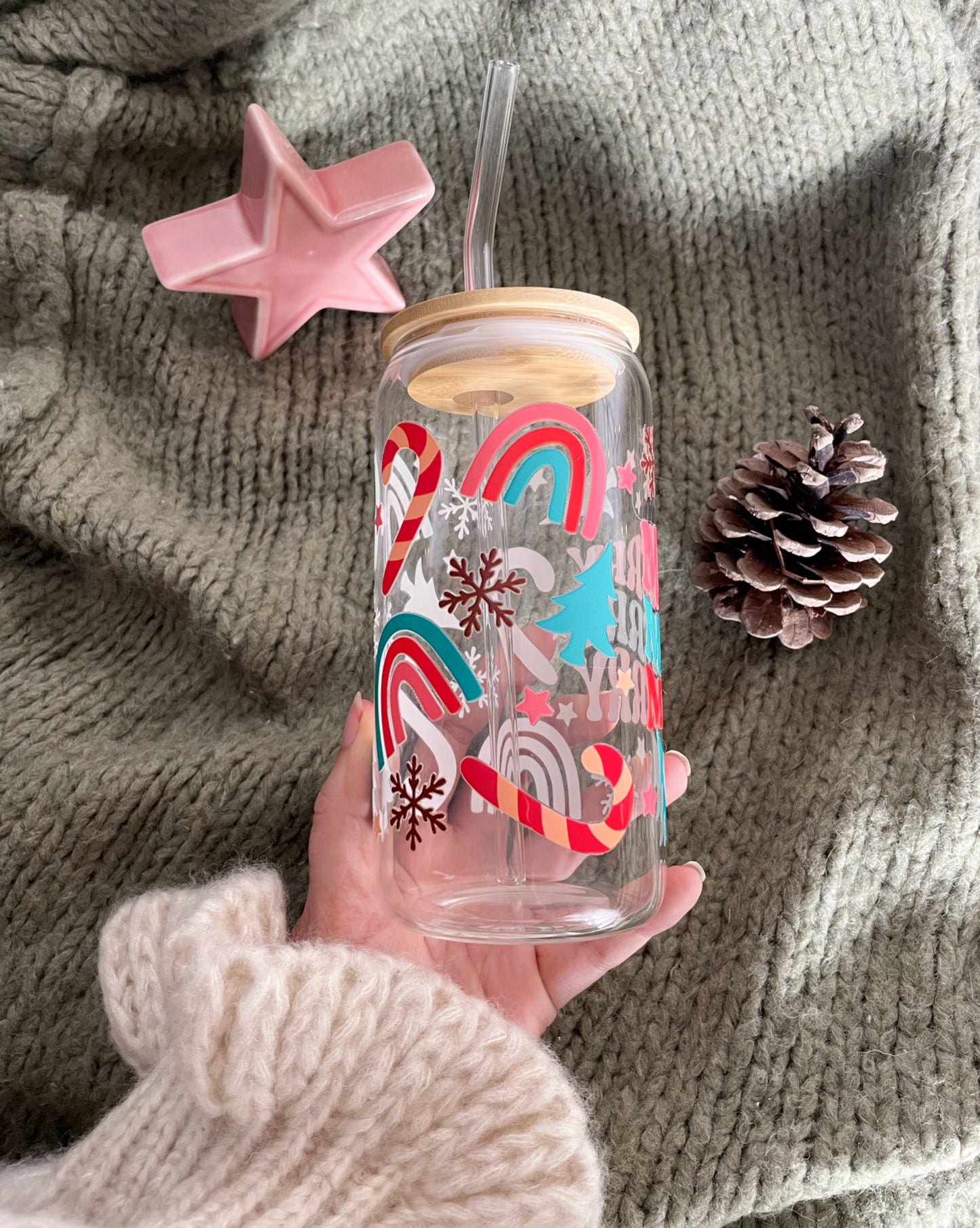 Glas mit Deckel und Strohhalm - Merry, Merry, Merry 🌲