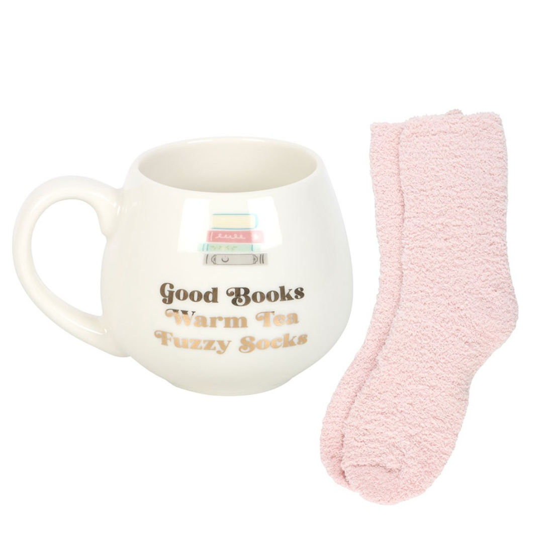 Runde Tasse & Kuschelsocken-Set "Good Books, Warm Tea, Fuzzy Socks"