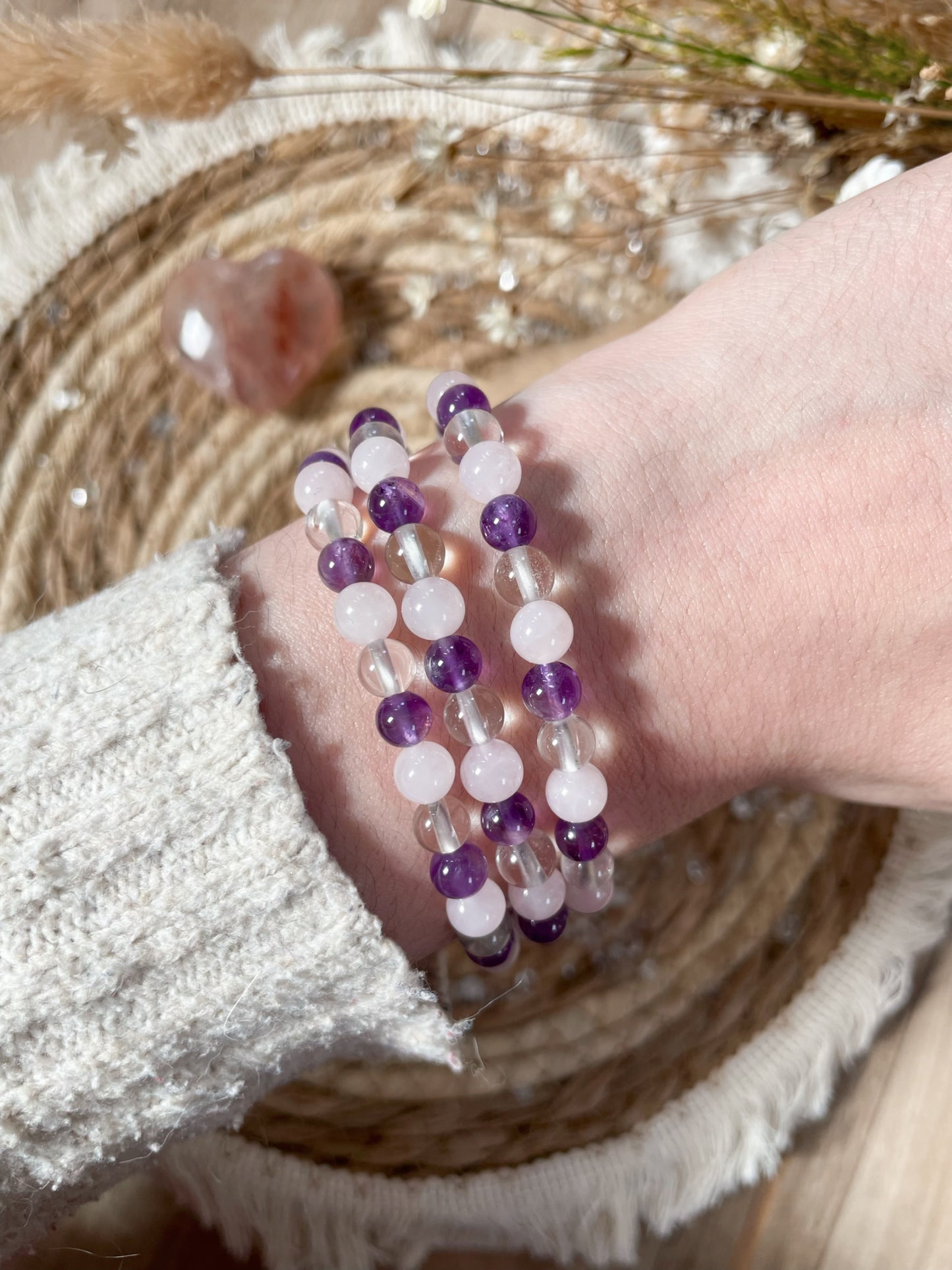 Goldenes Dreieck Armband 6mm - Rosenquarz, Bergkristall, Amethyst