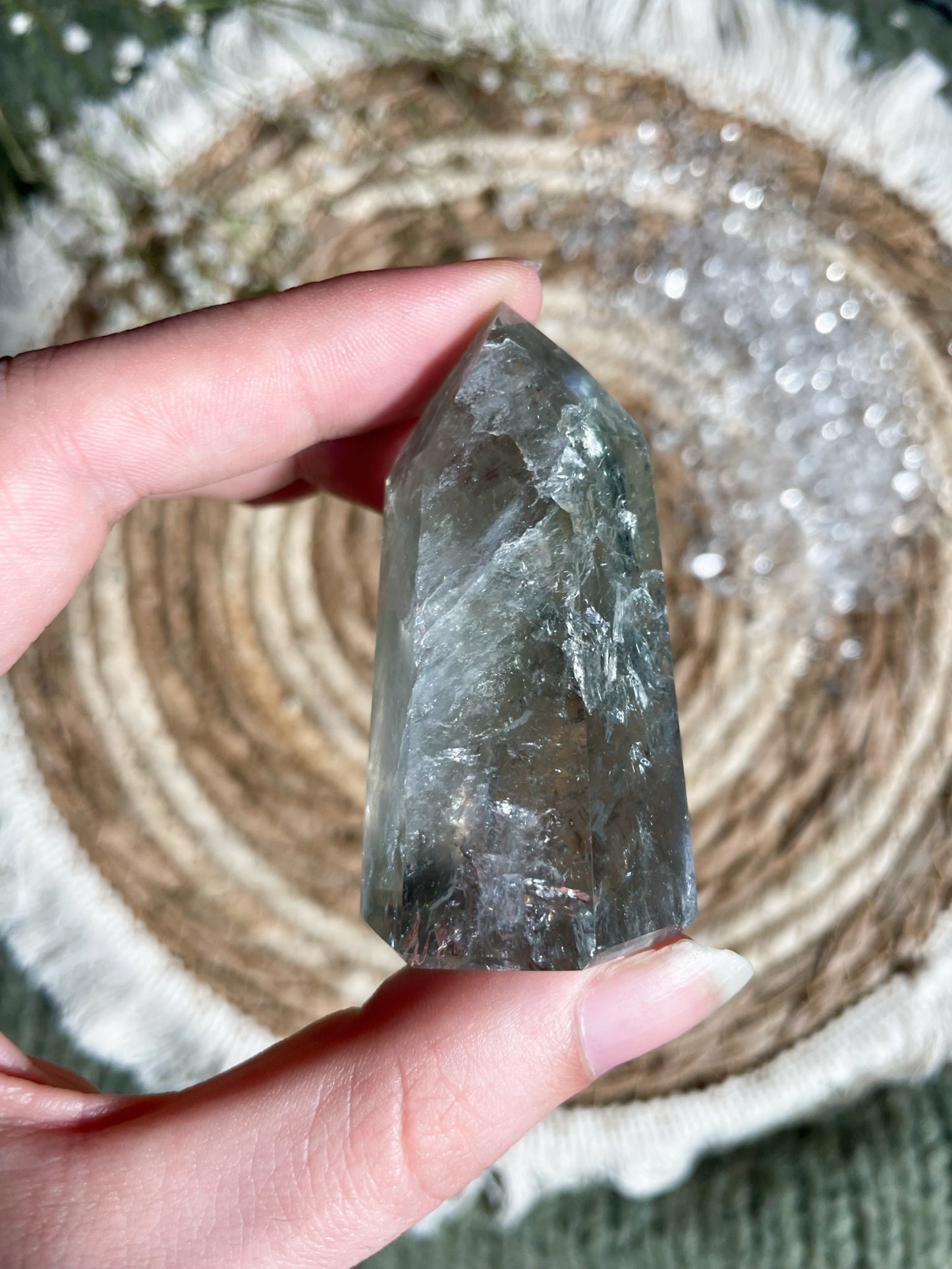 Prasiolith Spitze mit Regenbogen
