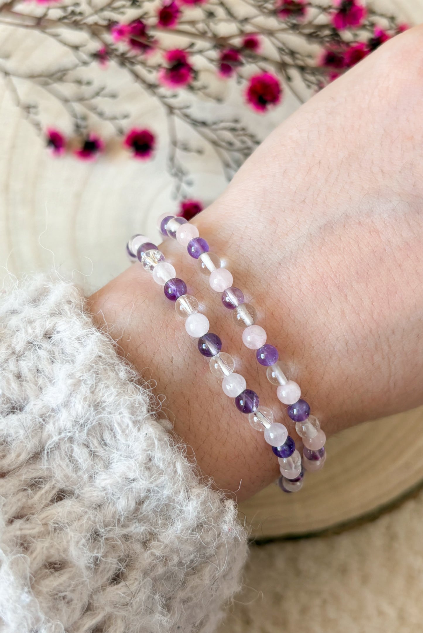 Rosenquarz, Bergkristall & Amethyst Armband 4mm