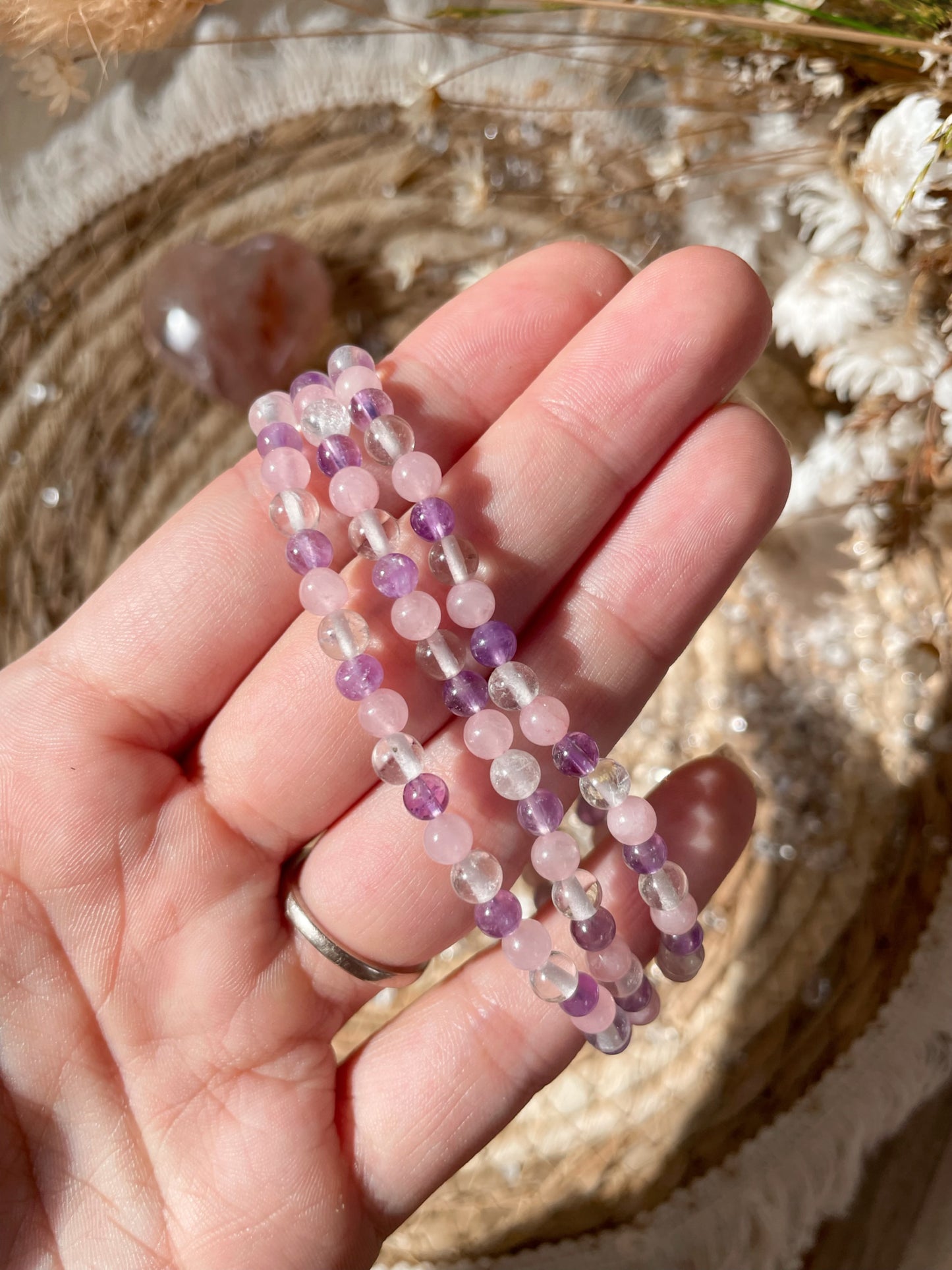 Goldenes Dreieck Armband 4mm - Rosenquarz, Bergkristall, Amethyst