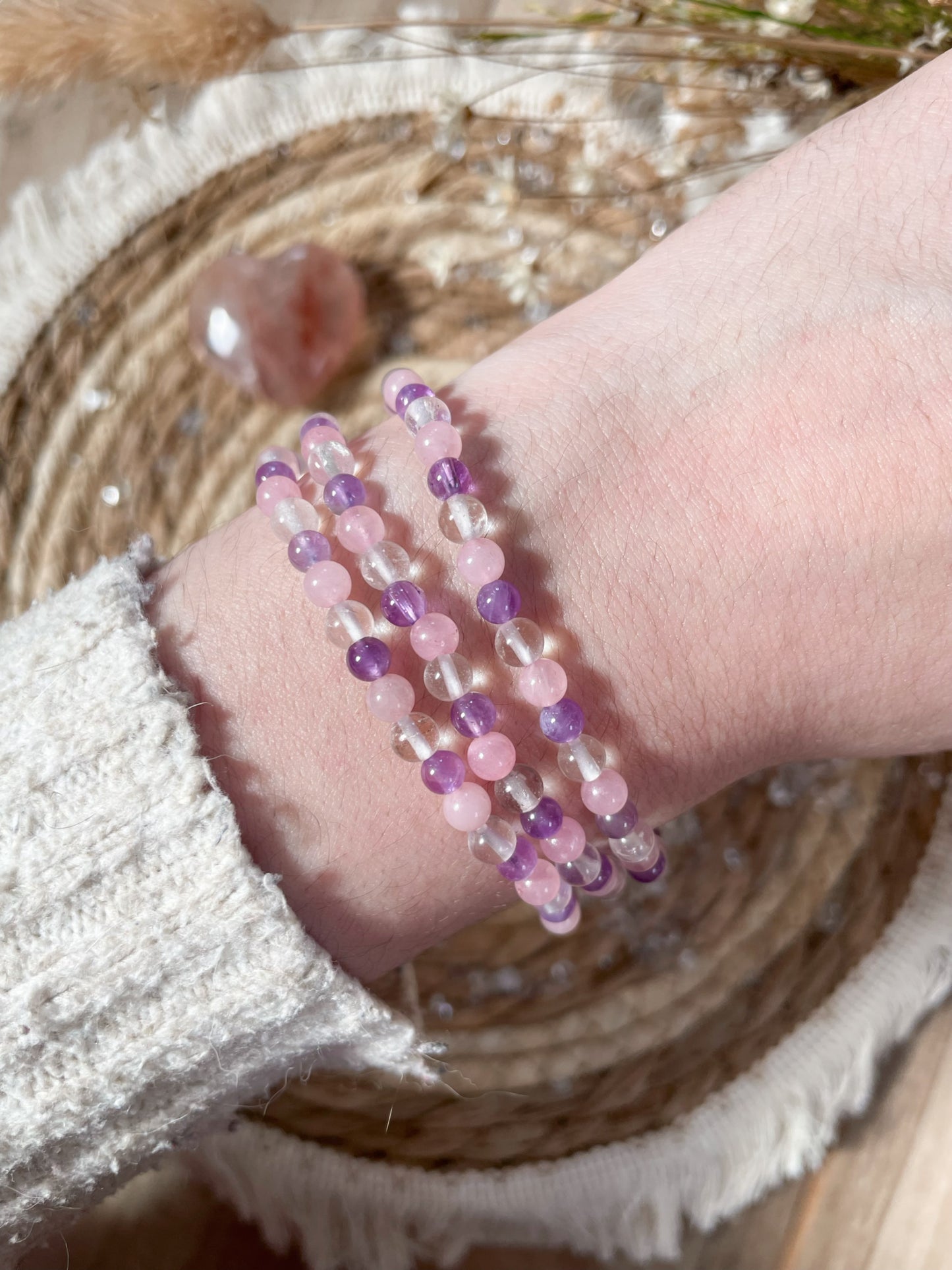 Goldenes Dreieck Armband 4mm - Rosenquarz, Bergkristall, Amethyst