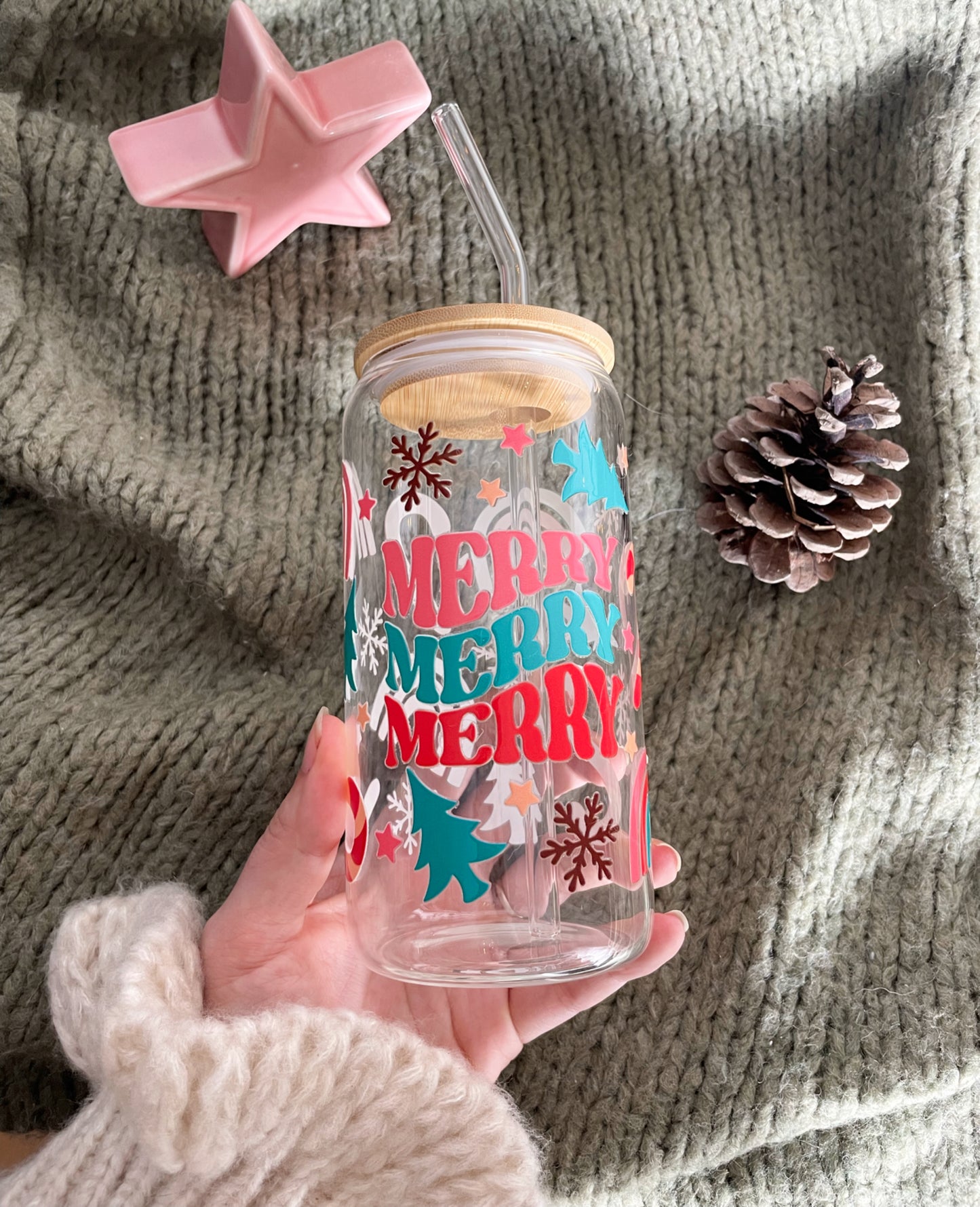 Glas mit Deckel und Strohhalm - Merry, Merry, Merry 🌲