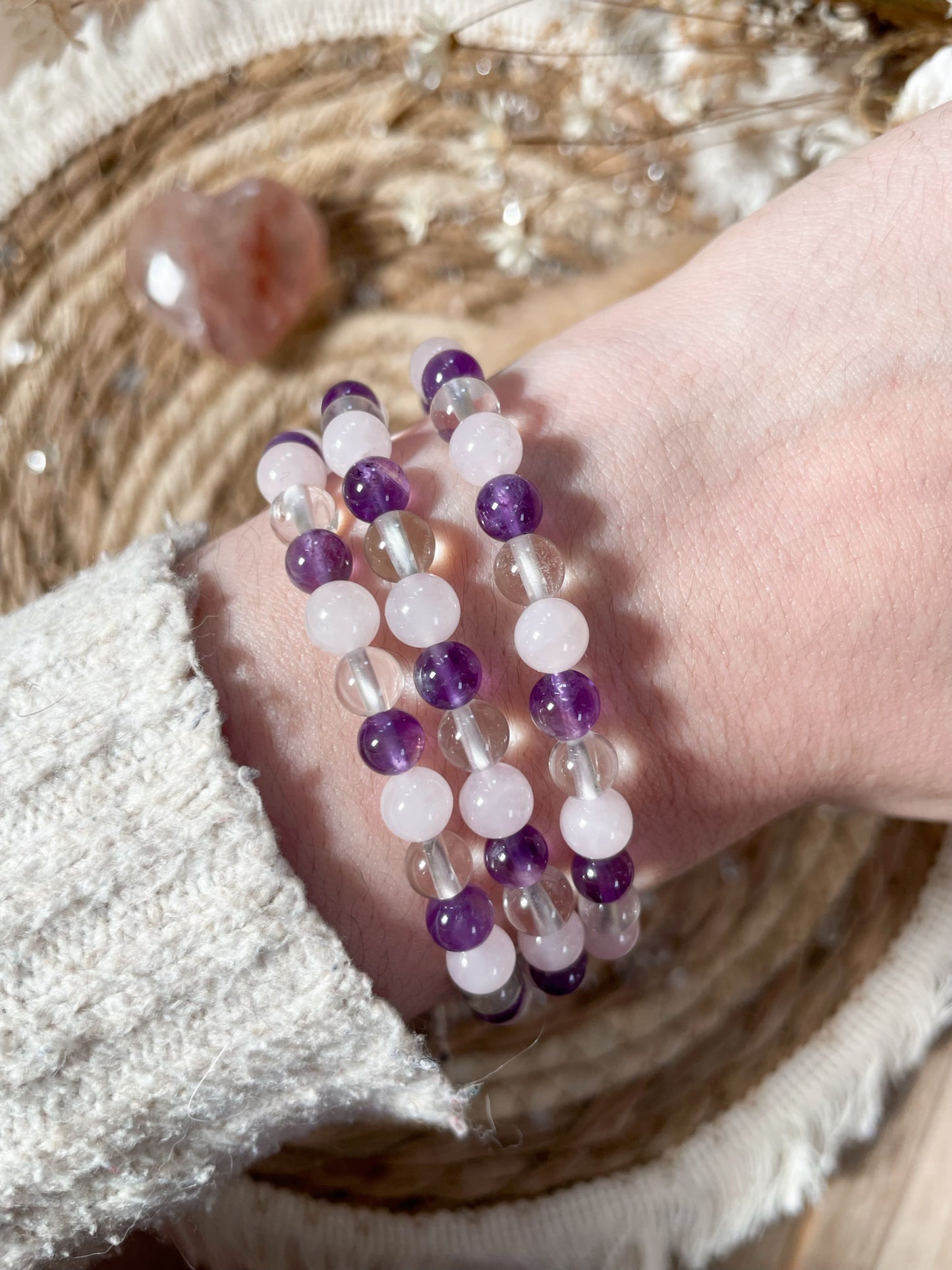 Goldenes Dreieck Armband 6mm - Rosenquarz, Bergkristall, Amethyst