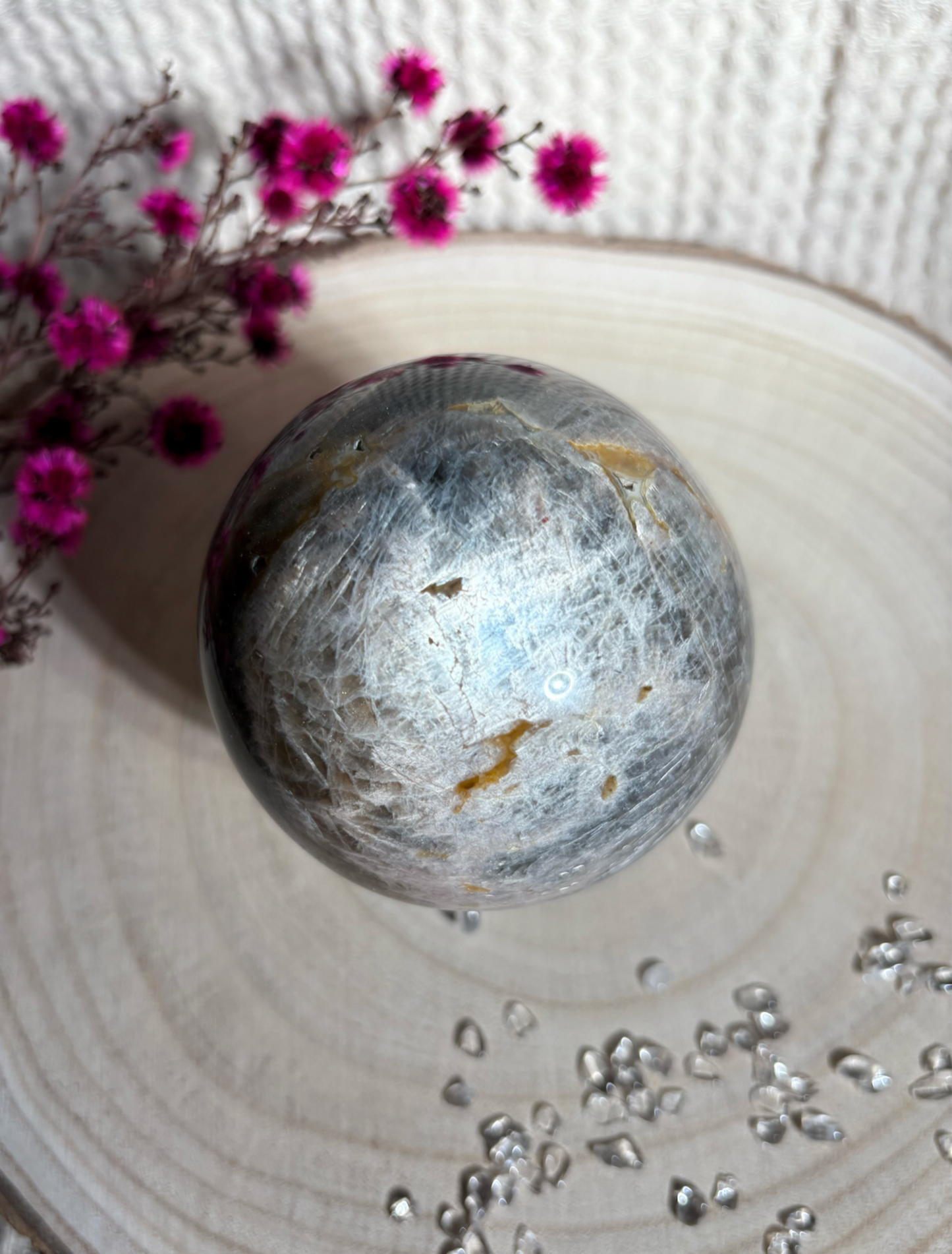 Schwarze Mondstein x Sonnenstein Kugel, sehr starker Flash