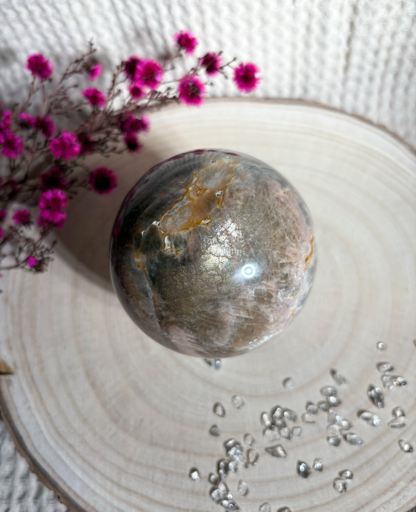 Schwarze Mondstein x Sonnenstein Kugel, sehr starker Flash