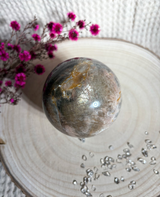 Schwarze Mondstein x Sonnenstein Kugel, sehr starker Flash