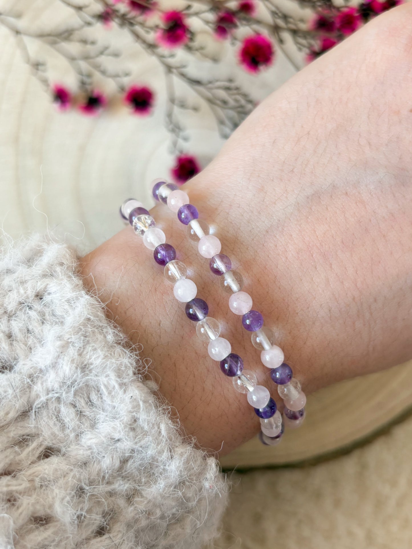 Rosenquarz, Bergkristall & Amethyst Armband 4mm