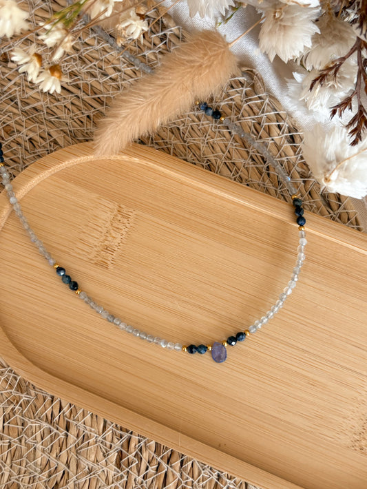 Labradorit, Saphir und Tansanit Halskette facettiert aus 925 Silber, vergoldet