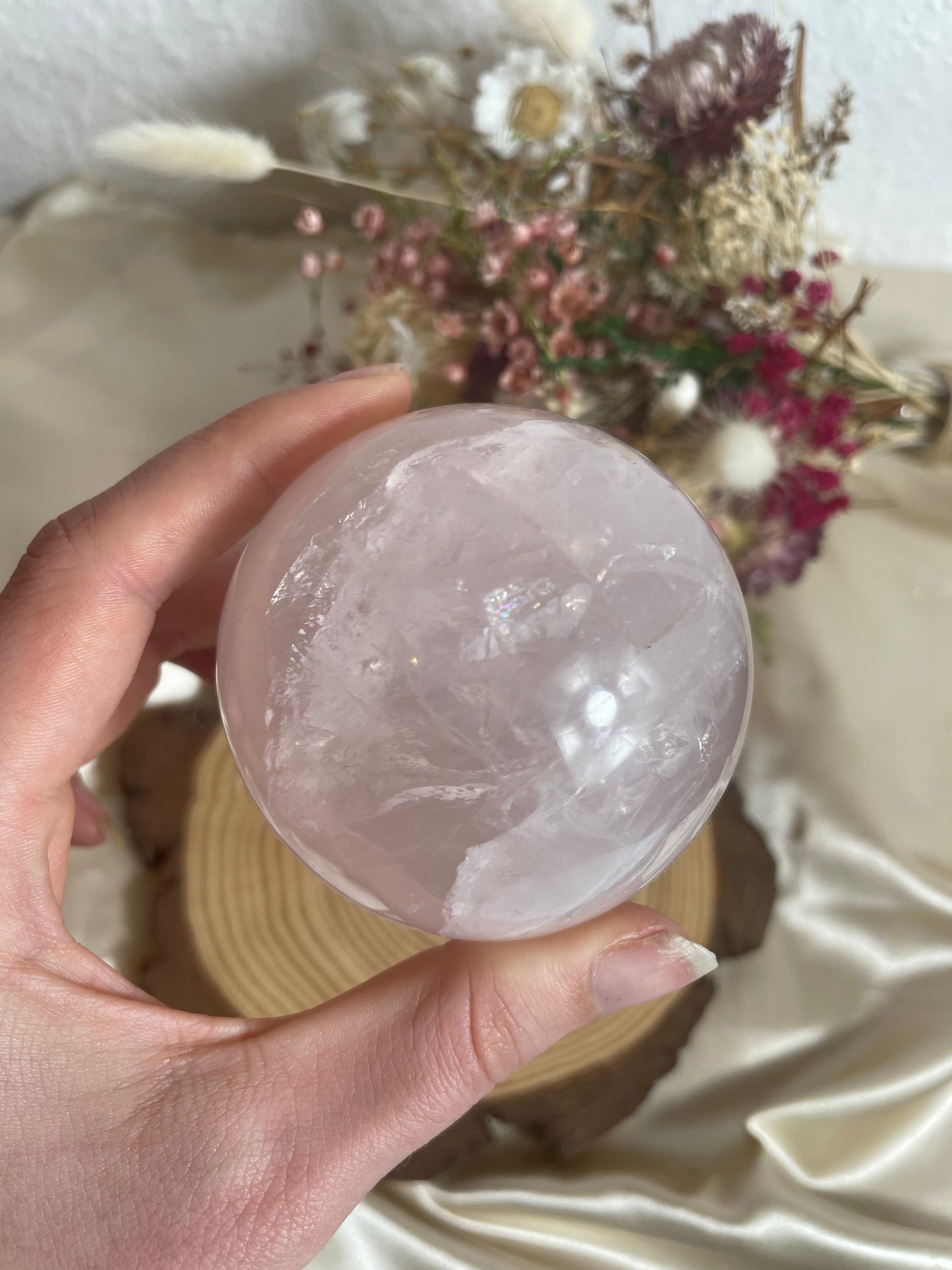 Stern Rosenquarz Kugel mit Regenbögen